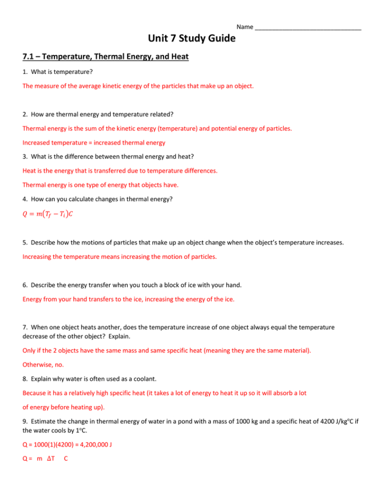 Unit 7 Study Guide Answer Key
