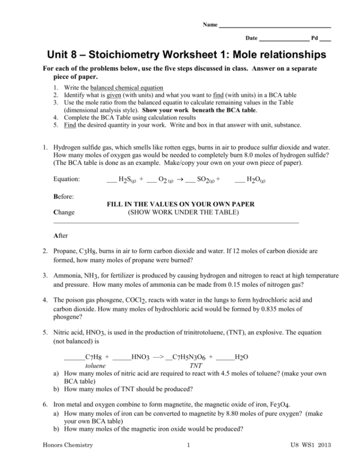 Unit 8 – Stoichiometry Worksheet 1 Mole Relationships
