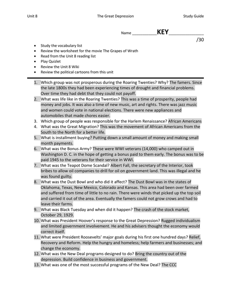 Unit 8 Study Guide Key