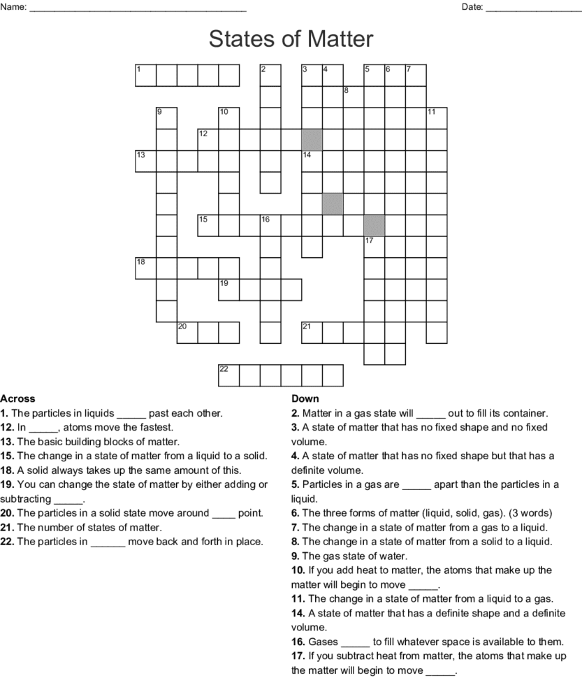 Unit 9  States Of Matter Crossword  Word
