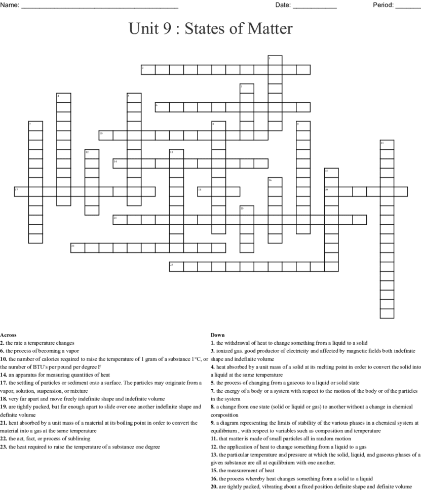 Unit 9  States Of Matter Crossword  Word