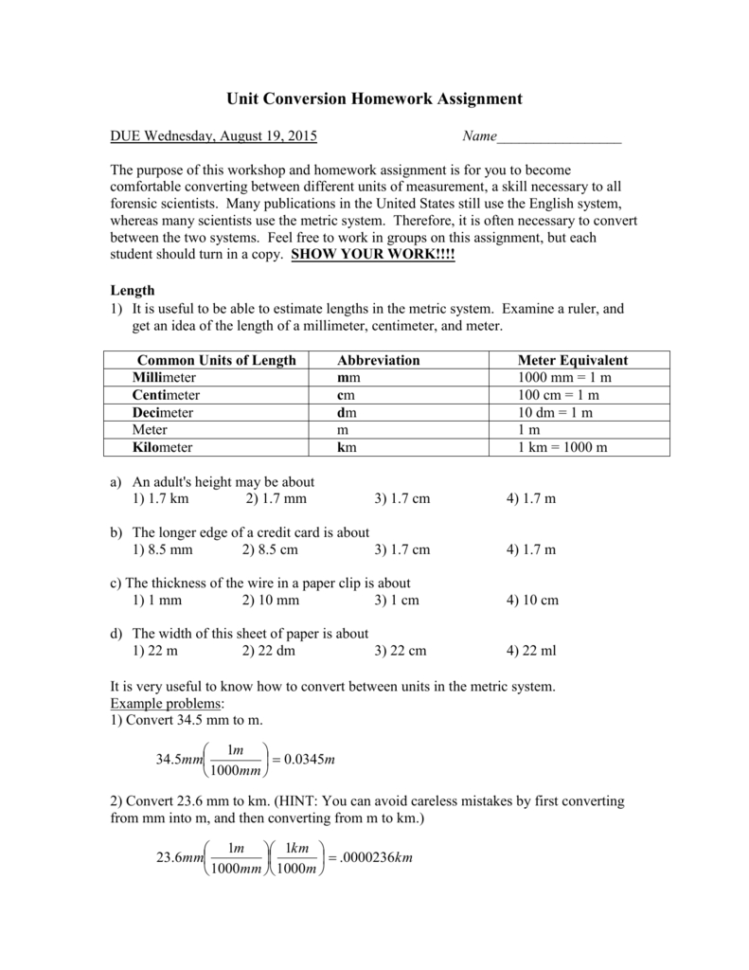 Unit Conversion Worksheet