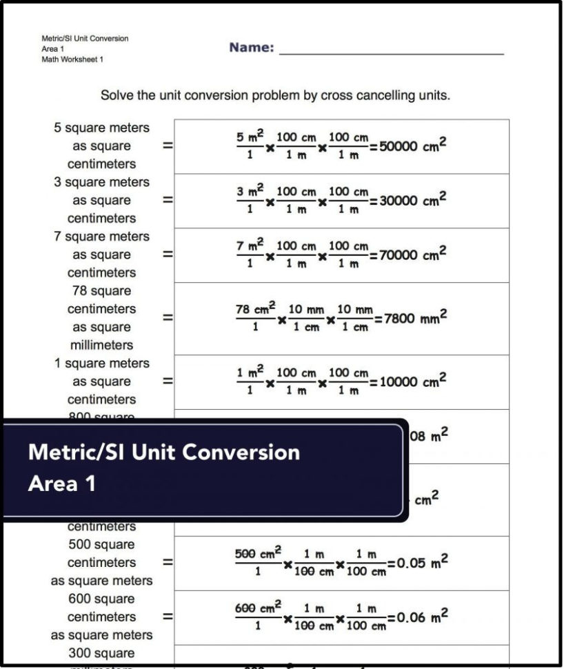 Unit Conversion Worksheets For Converting Metricsi Area To