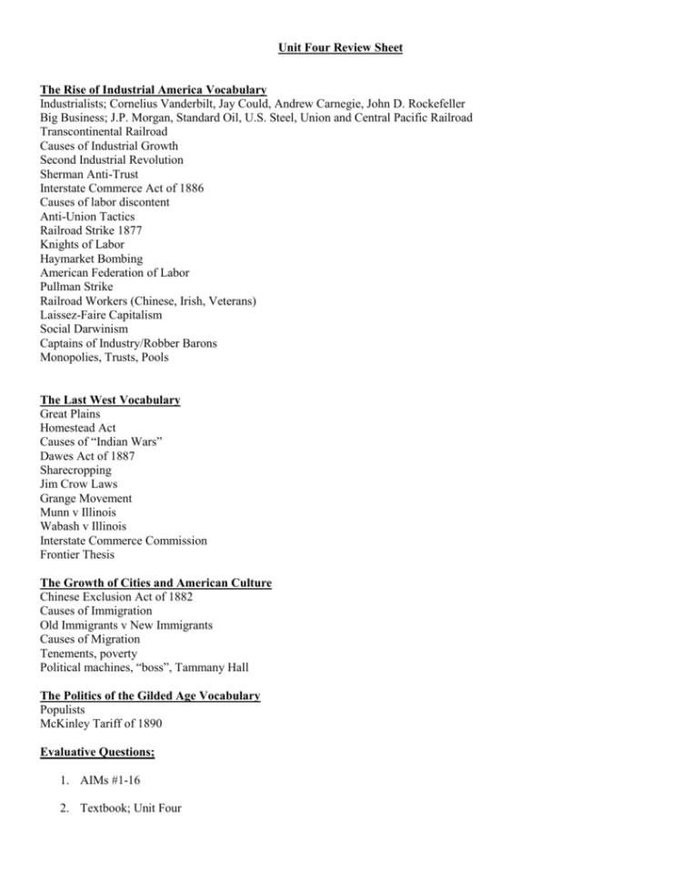 Unit Four Review Sheet The Rise Of Industrial America Vocabulary