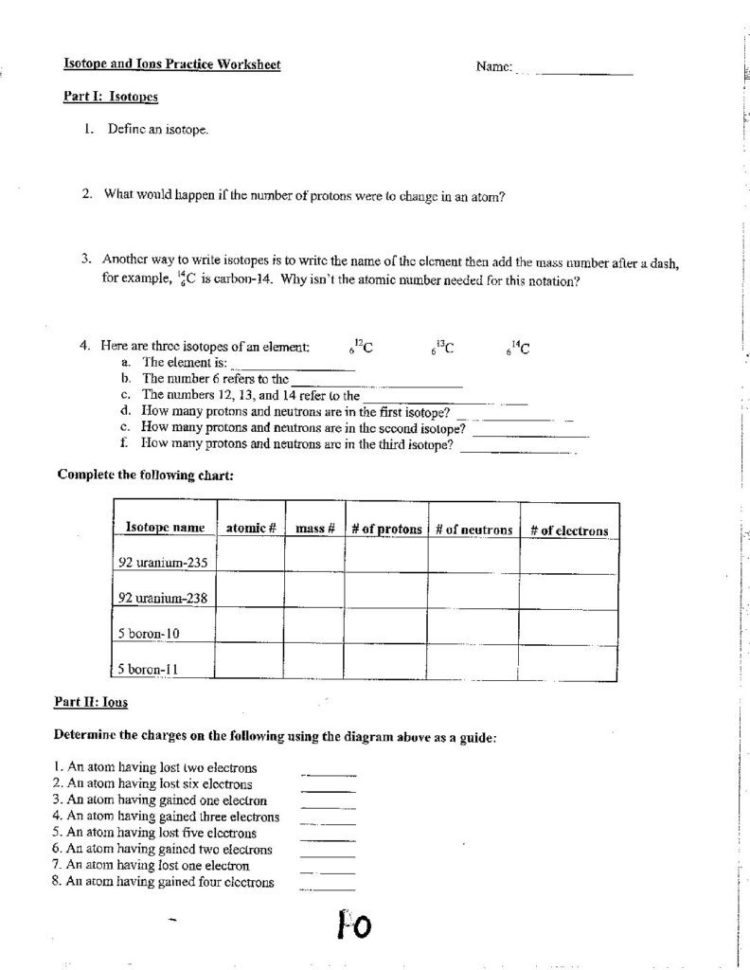 Unit6Isotope And Ions Practice Worksheetcglass  St Mary's