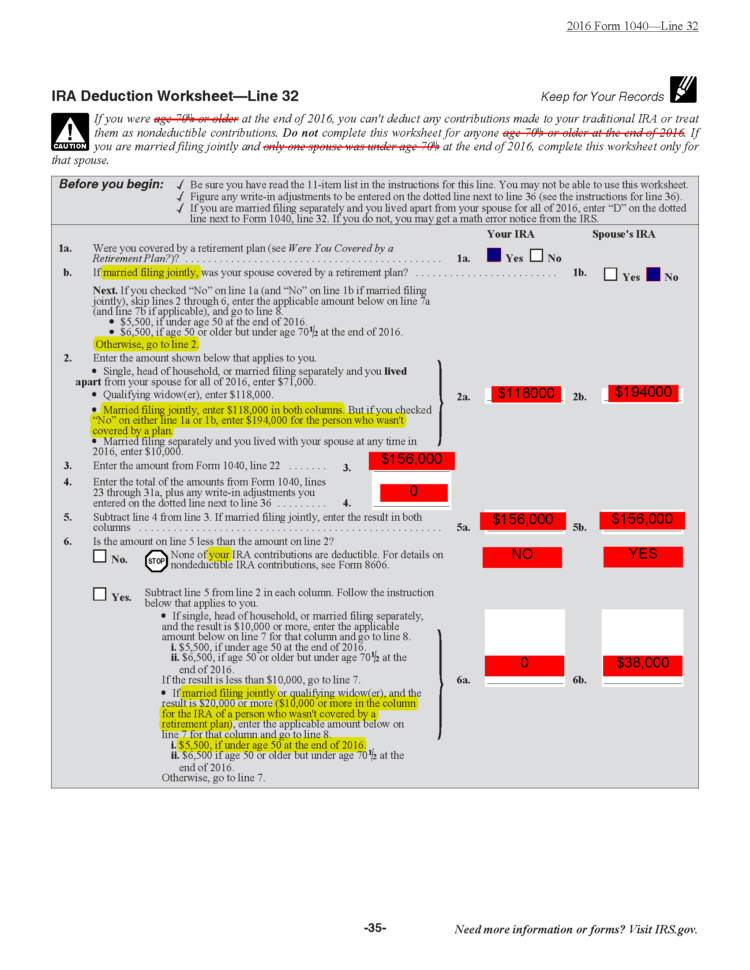 United States  Ira Deduction Worksheet Question 6 Married