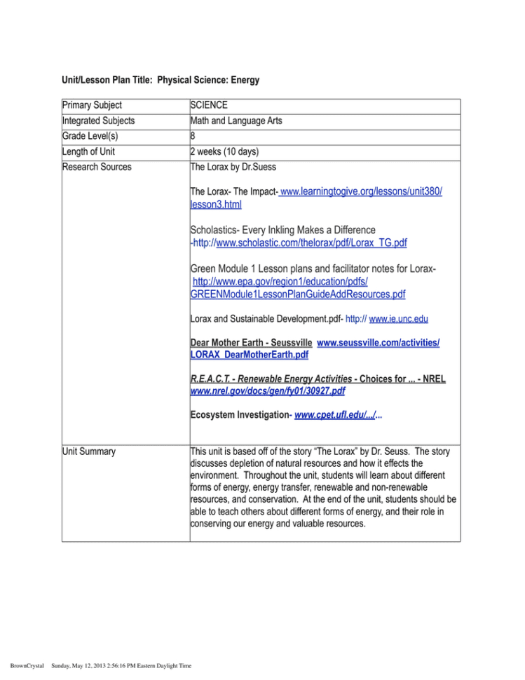 Unitlesson Plan Title Physical Science Energy Primary
