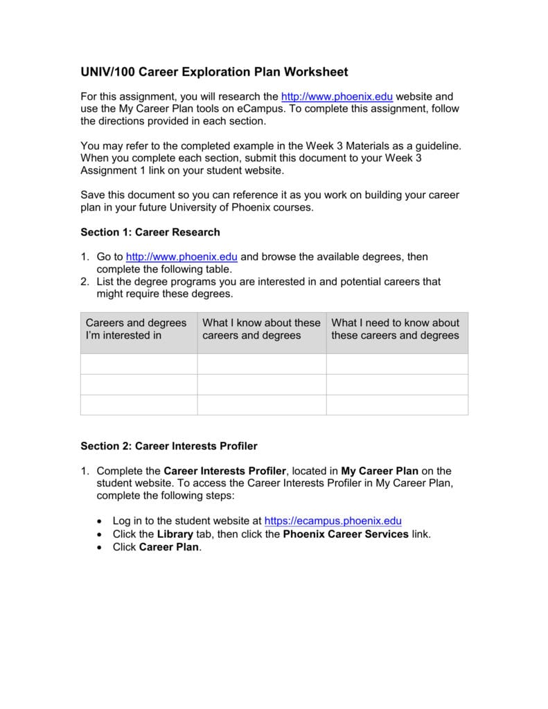 Univ100 Career Exploration Plan Worksheet For This Assignment