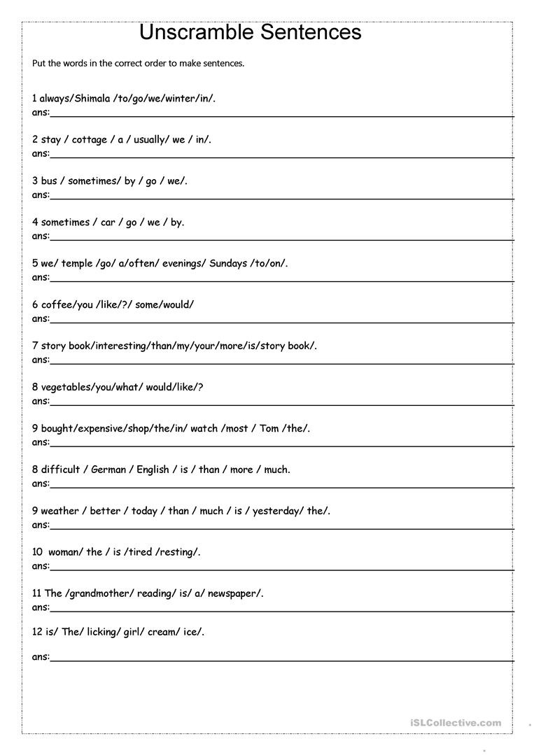 Sentence Scramble Worksheets Esl Pdf