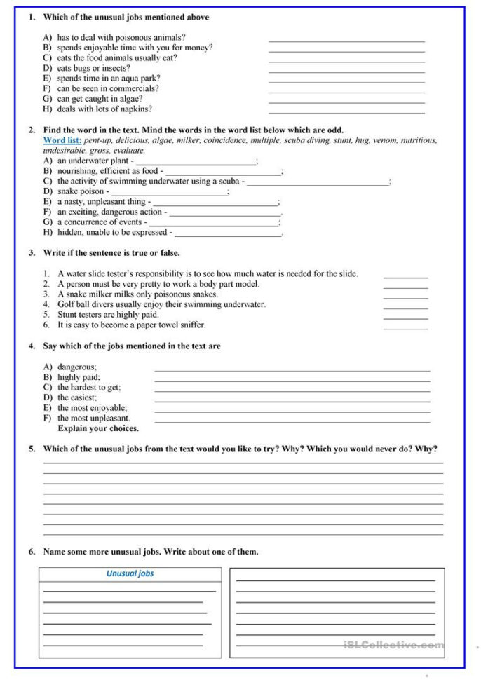 Unusual Jobs  English Esl Worksheets