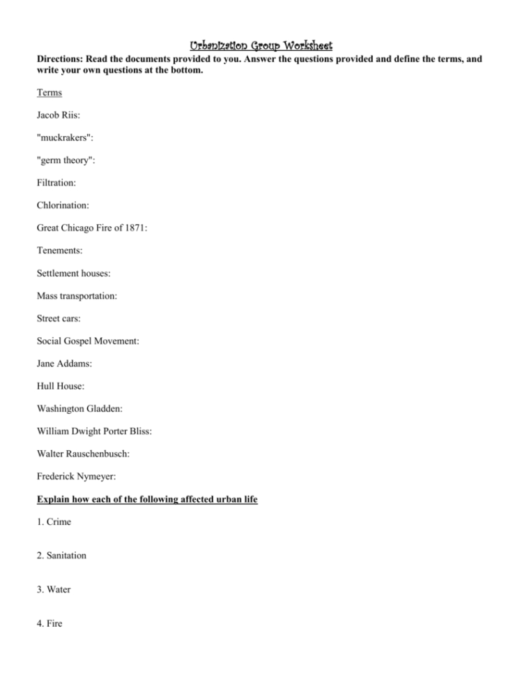 Urbanization Group Worksheet