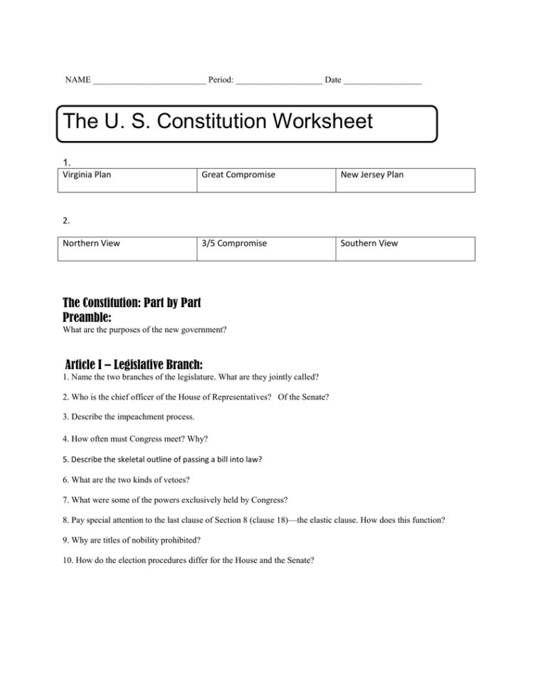 Us Constitution Handout