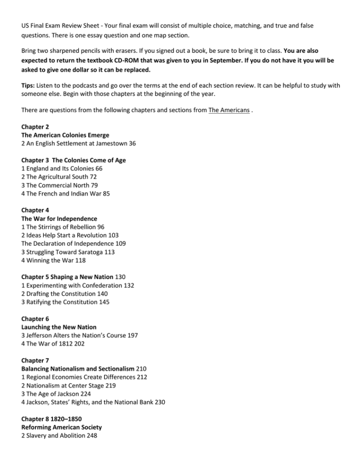 Us Final Exam Review Sheet  Your Final Exam Will Consist Of