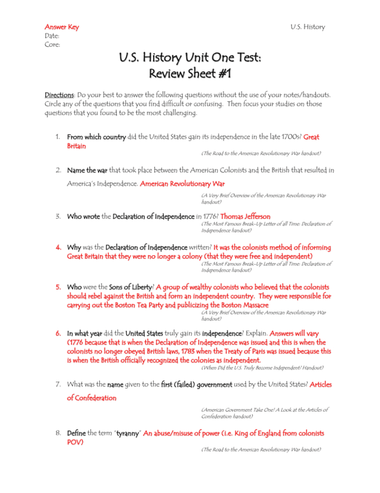 Us History Unit One Test Review Sheet 1