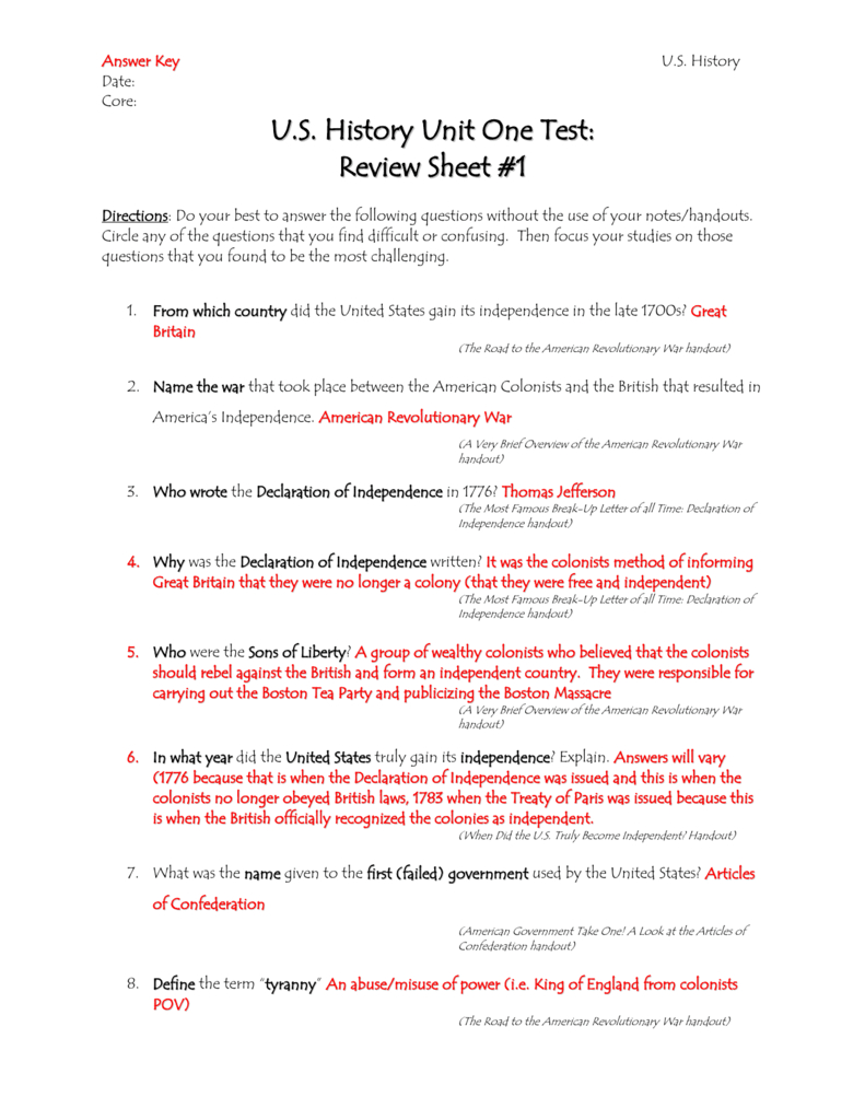Us History Unit One Test Review Sheet 1 —