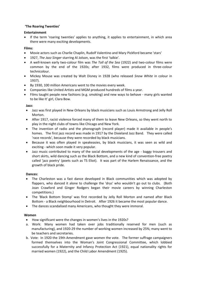Usa Roaring Twenties Ise Revision Notes  Lesson Resource