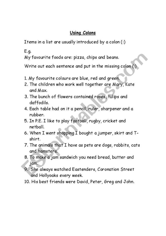 Using Colons  Esl Worksheetmihirini74