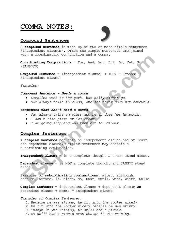 Using Commas In Compound And Complex Sentences  Esl