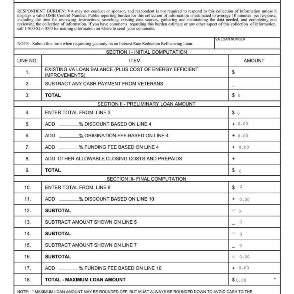 Va Max Loan Amount Worksheet —