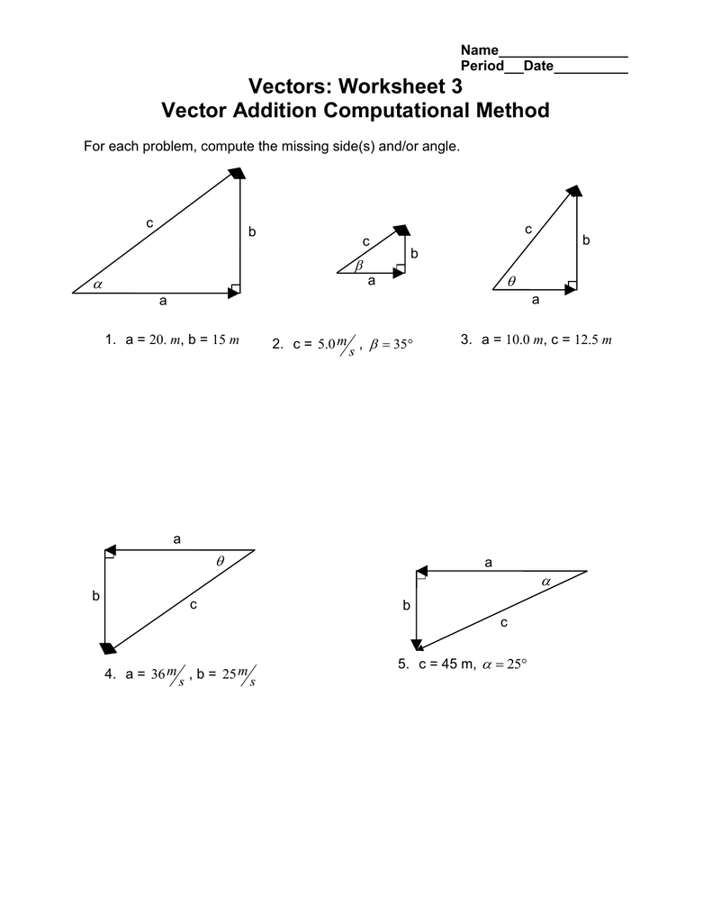 Vectors Worksheet 3 Vector Addition Computational Method 
