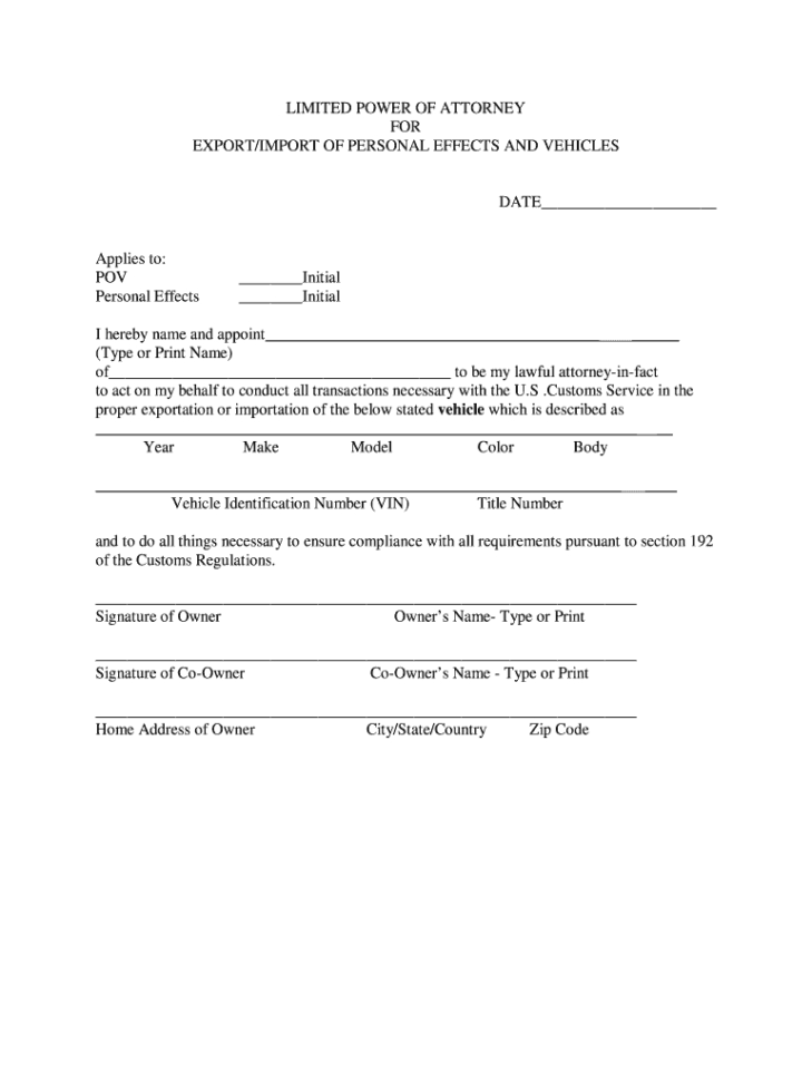 Vehicle Export Power Of Attorney  Fill Online Printable
