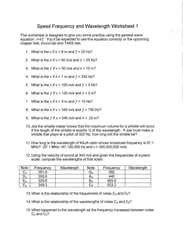 Velength Frequency And Energy Worksheet Answer Key