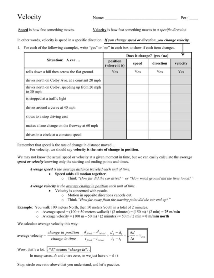 Velocity Worksheet  Everett Public Schools