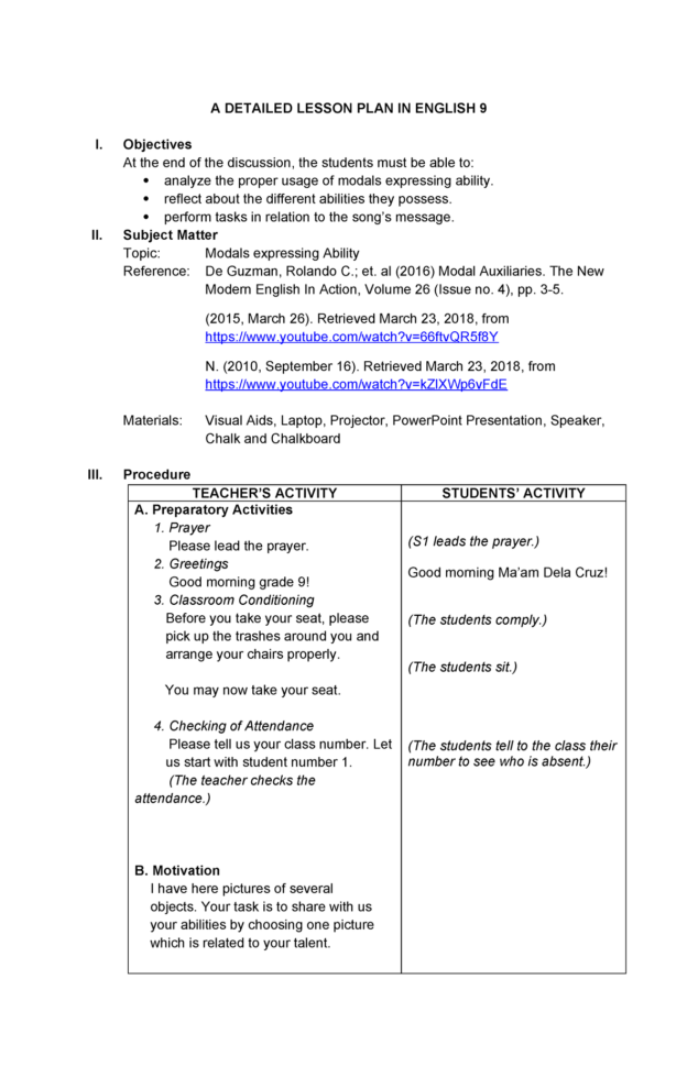 Verb Lesson Plan Modals For English Educ Bachelor Of Secondary Plans