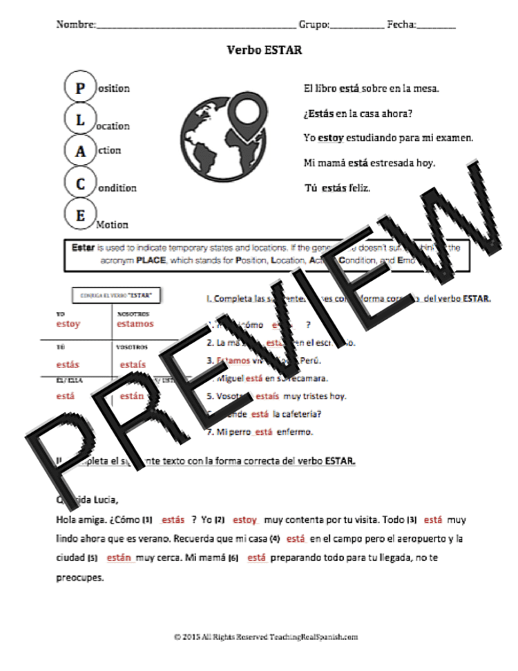 Verbo Estar A Practice Worksheet