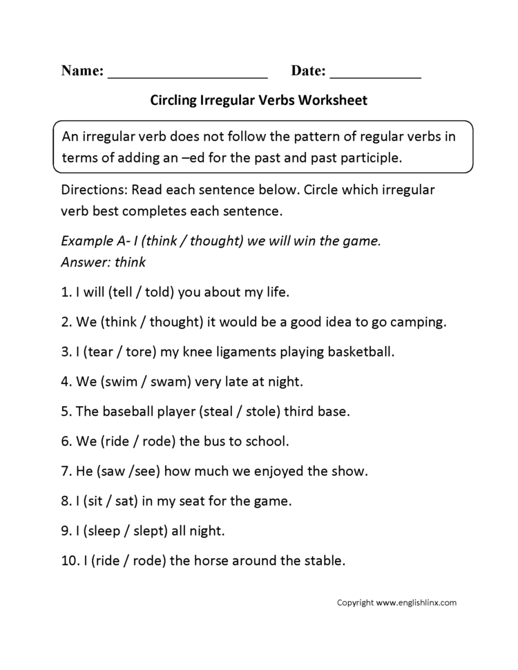 Verbs Worksheets  Irregular Verbs Worksheets