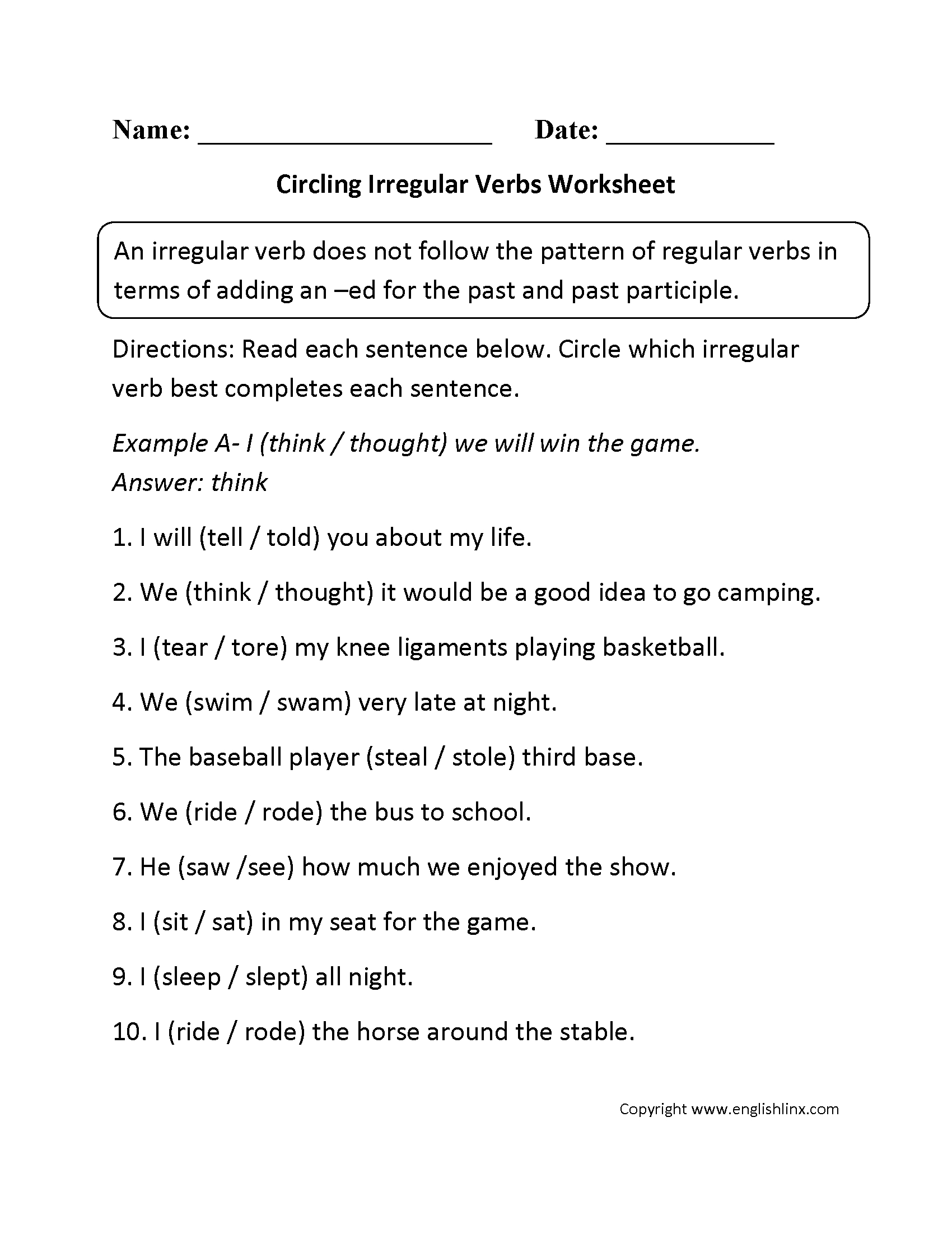 Verbs Worksheets  Irregular Verbs Worksheets