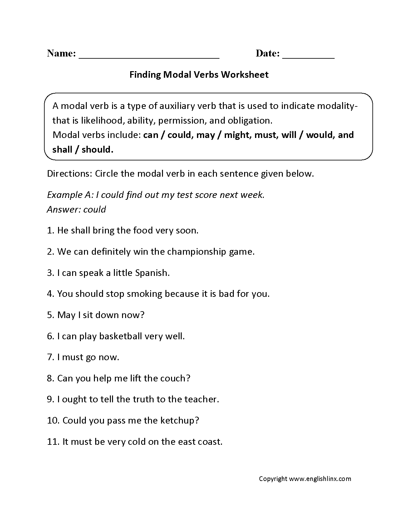 Verbs Worksheets  Modal Verbs Worksheets