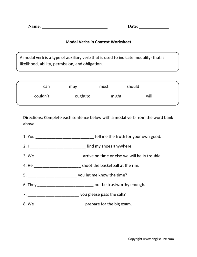 Worksheet On Modal Verbs For Class 6