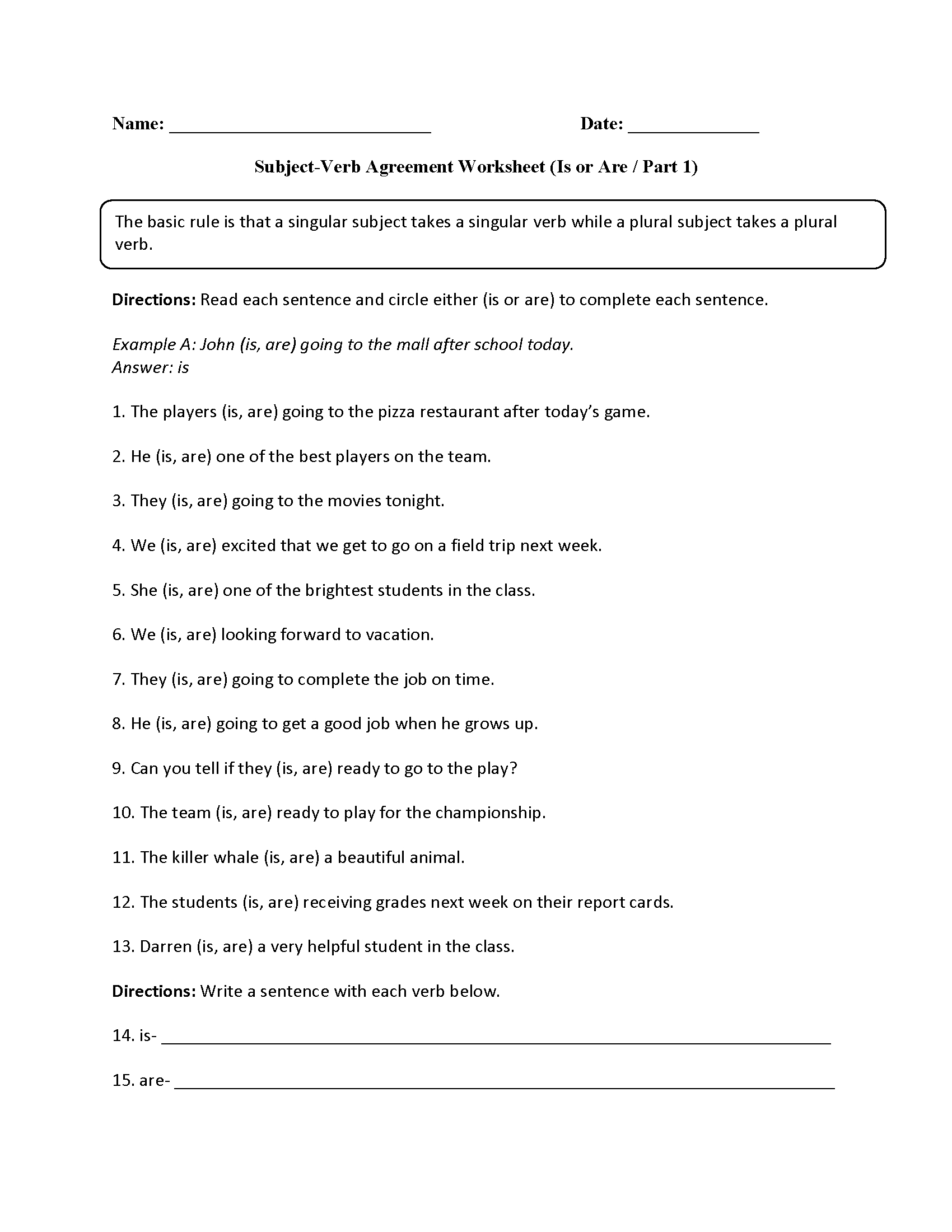 Verbs Worksheets  Subject Verb Agreement Worksheets
