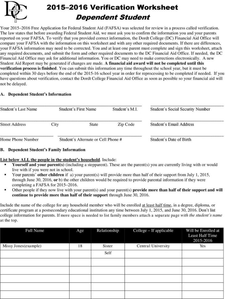 Verification Worksheet Dependent Student Student S Last Name