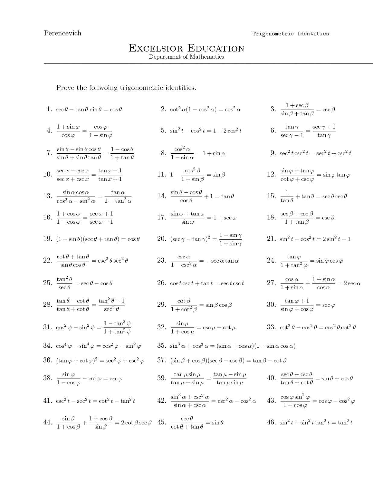 Simplifying Trigonometric Identities Worksheet With Answers Pdf