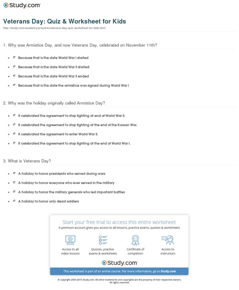 Veterans Day Quiz  Worksheet For Kids  Study
