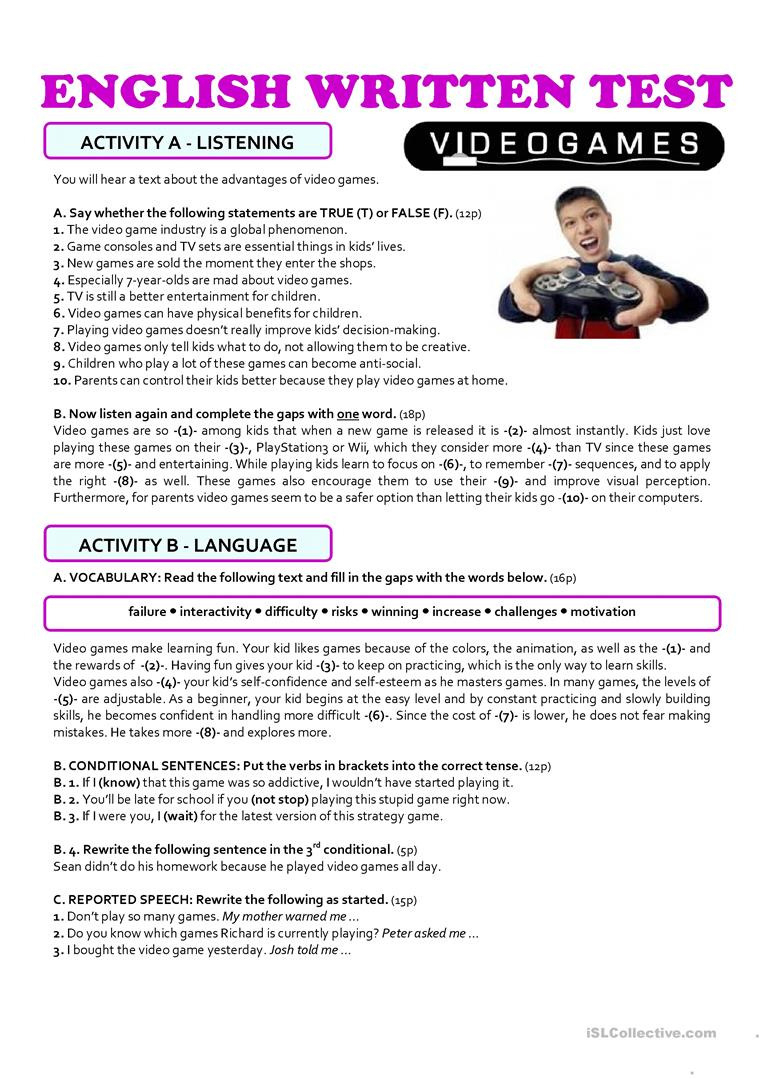 Video Games  10Th Grade Test  English Esl Worksheets