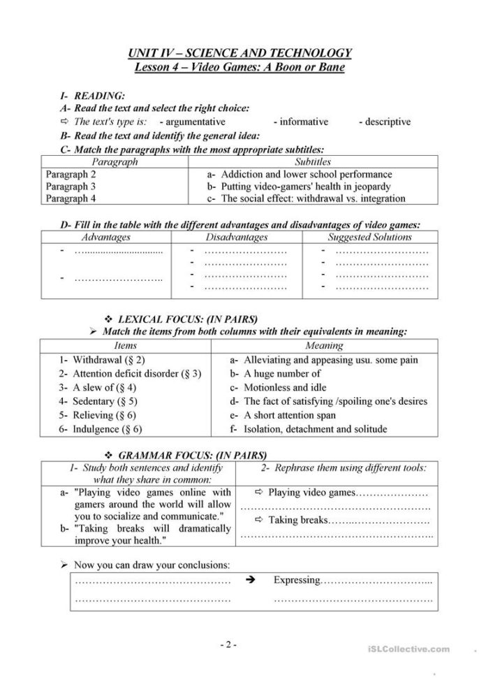 Video Games A Boon Or Bane  English Esl Worksheets