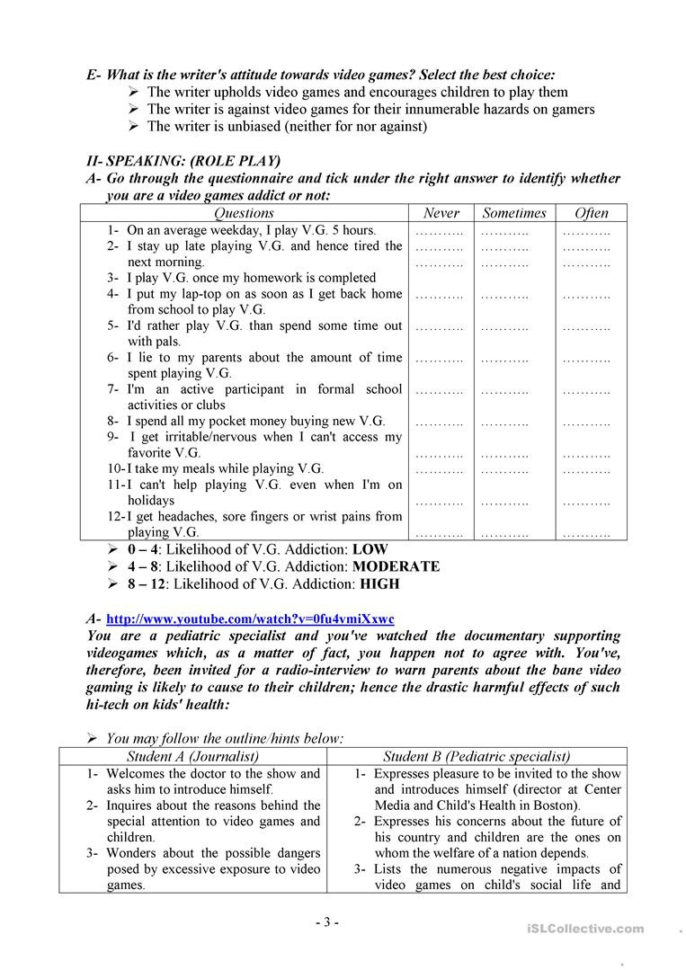 Video Games A Boon Or Bane  English Esl Worksheets