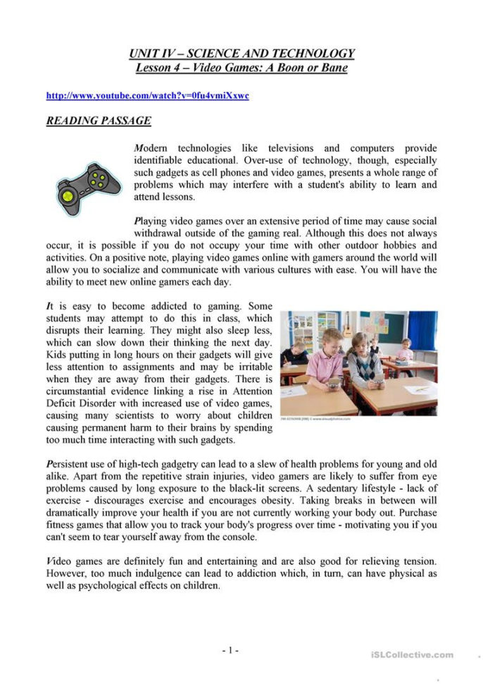 Video Games A Boon Or Bane  English Esl Worksheets