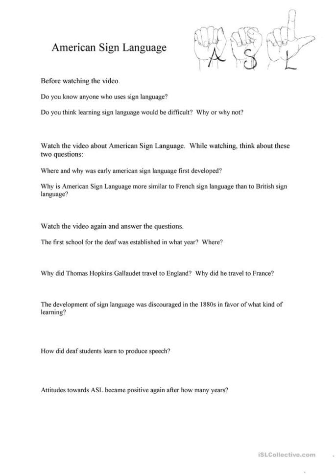 Video  Worksheet American Sign Language  English Esl