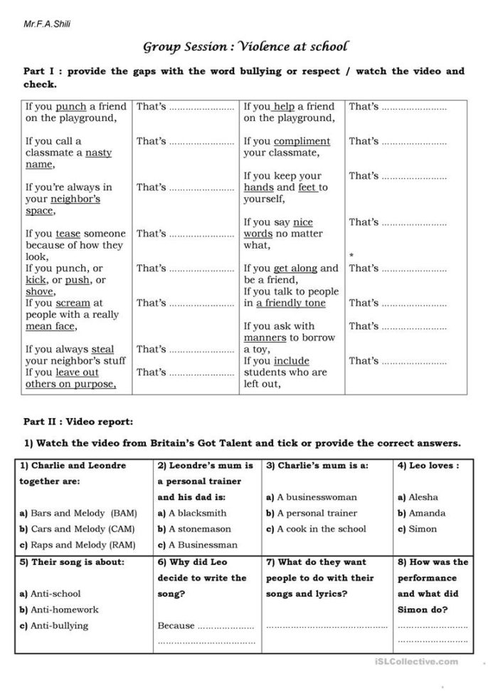 Violence At School Bullying  English Esl Worksheets