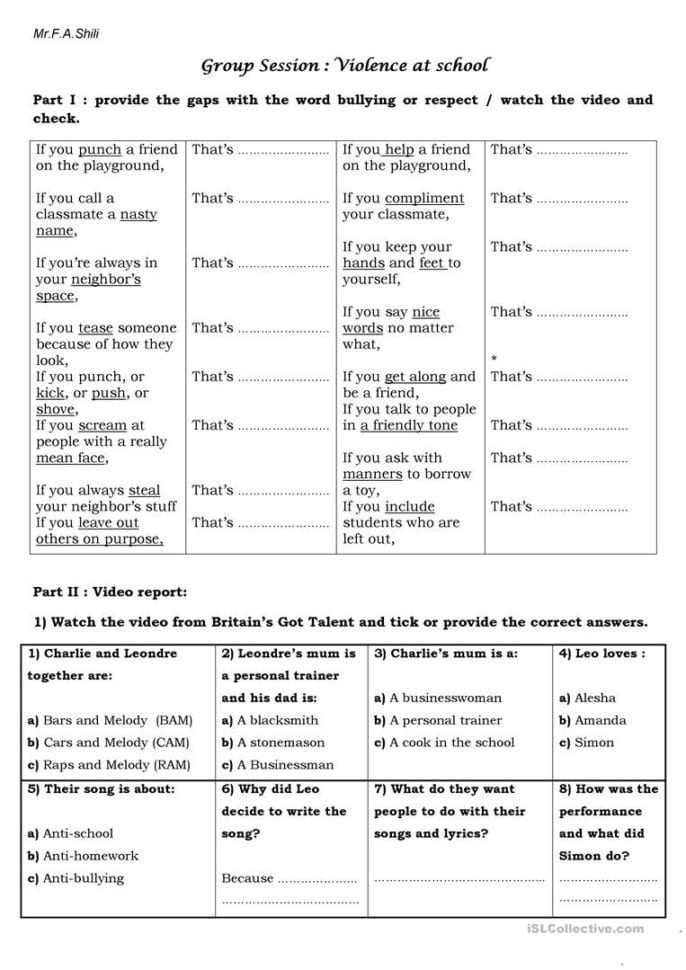 Violence At School Bullying  English Esl Worksheets