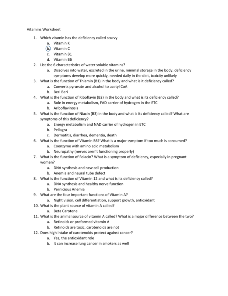 Vitamins Worksheet Answers Vitamins Worksheet Answers