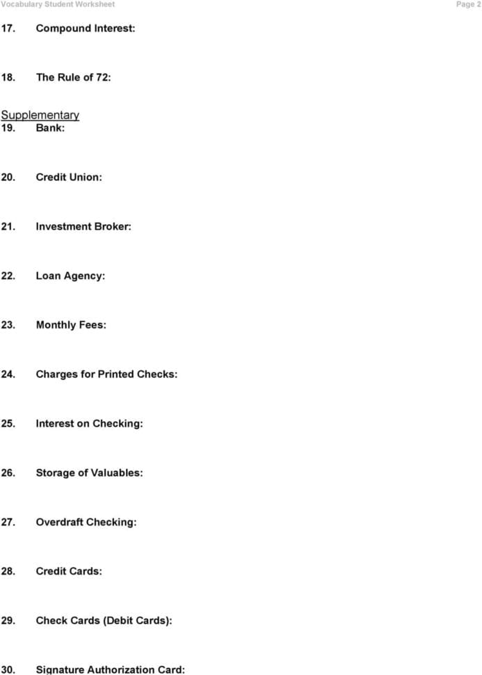 Vocabulary Financial Institutions Student Worksheet  Pdf