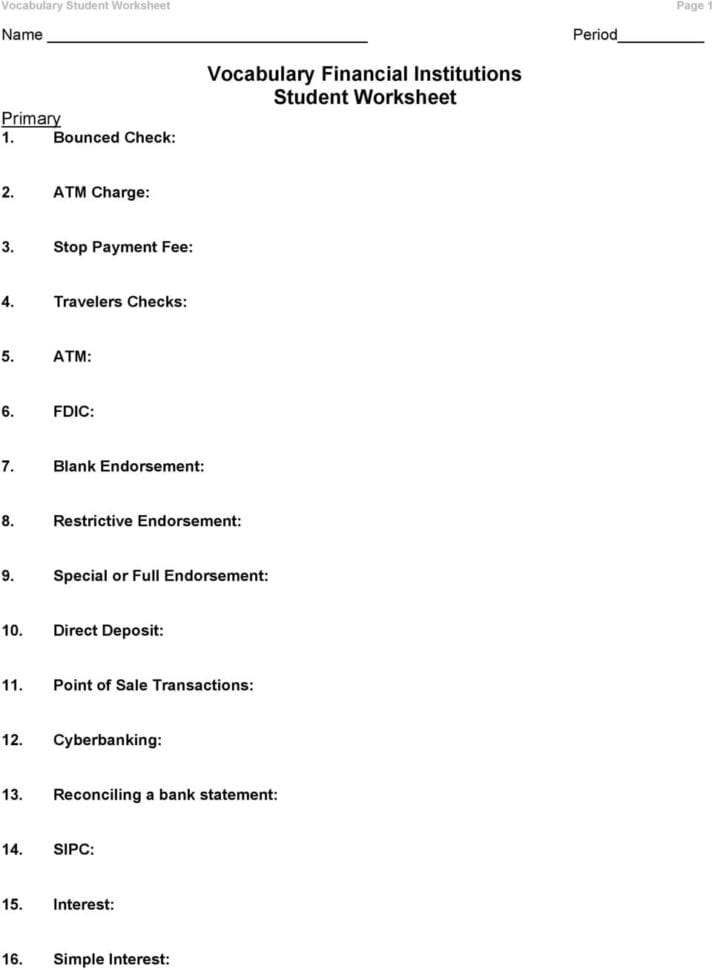 Vocabulary Financial Institutions Student Worksheet  Pdf