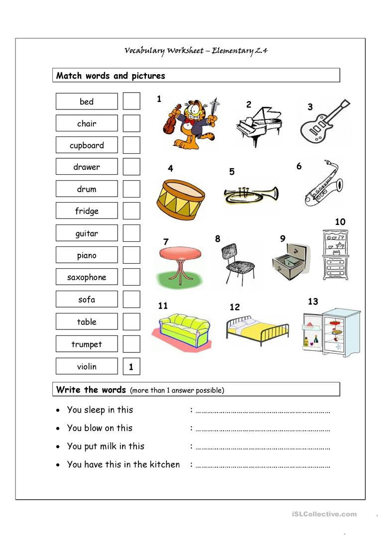 Vocabulary Matching Worksheet  Elementary 24 Musical