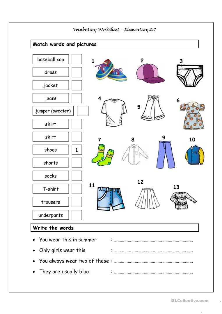 Vocabulary Matching Worksheet  Elementary 27 Clothes