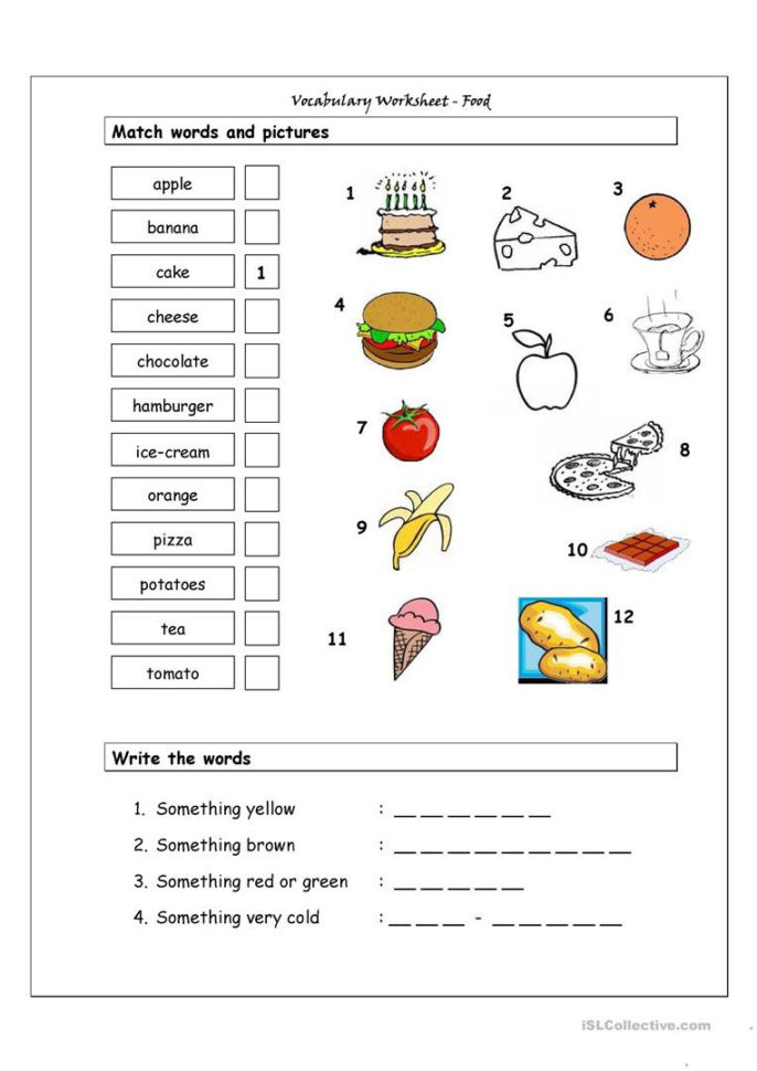 Vocabulary Matching Worksheet  Food  English Esl Worksheets